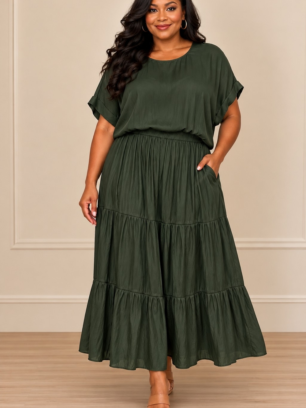 2 Piece Tiered Maxi Skirt and Blouse in Olive Green